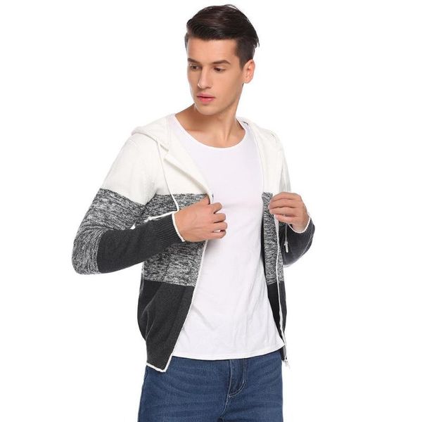 men's long sleeve patchwork zip-up casual contrast color hooded slim knitted hoodie front sweater, White;black
men's long sleeve patchwork zip-up casual contrast color hooded slim knitted hoodie front sweater, White;black