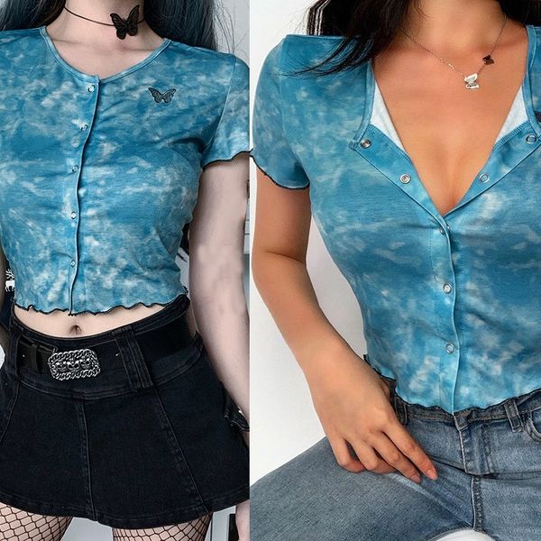 women's t-shirt v neck tie-dye short sleeve female t shirt crop blue casual butterfly embroidered summer women, White
women's t-shirt v neck tie-dye short sleeve female t shirt crop blue casual butterfly embroidered summer women, White