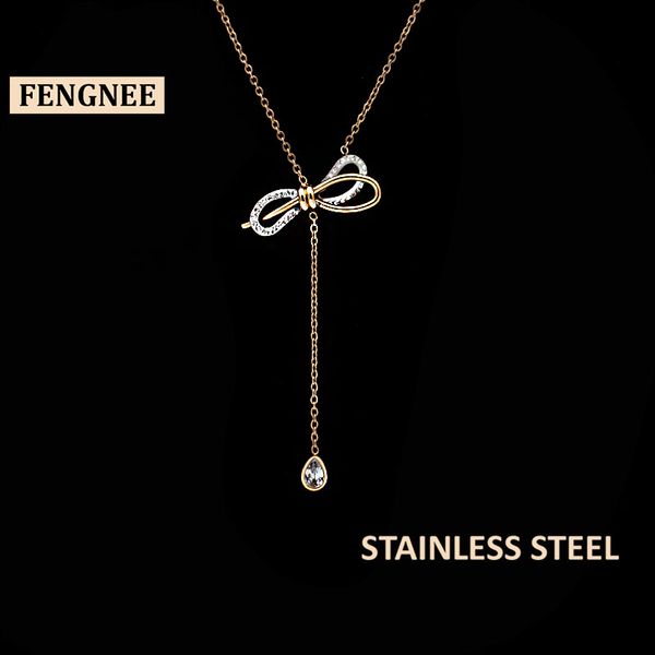 fengnee luxury stainless steel jewelry for women love rose gold pendant bowknot necklace, Silver