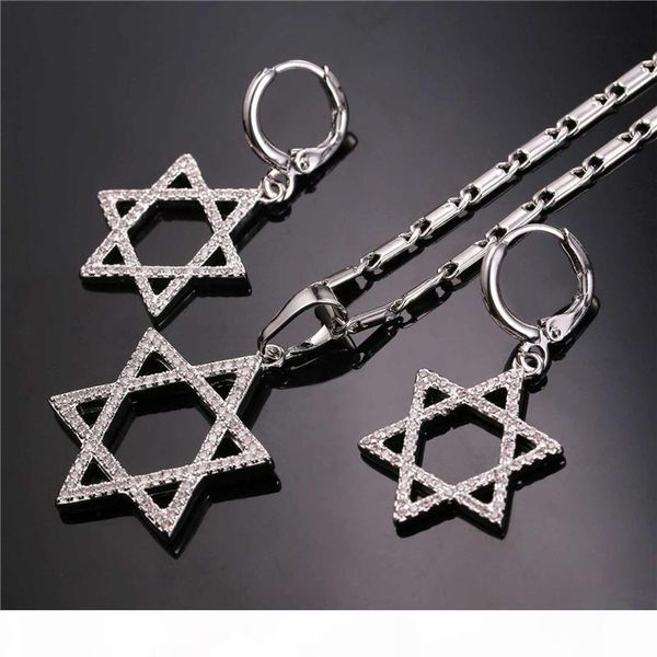 cubic zirconia magen david necklace set women's platinum plated 18k real gold plated star of david necklace earrings, Silver
cubic zirconia magen david necklace set women's platinum plated 18k real gold plated star of david necklace earrings, Silver