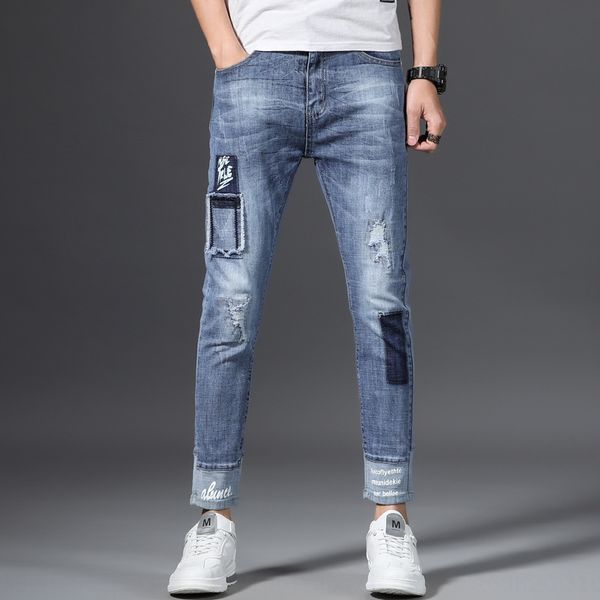 be37d men's contrast color and jeans trousers and jeans thin slim fit feet summer new versatile korean style fashion patch hole ankle-l, Blue
be37d men's contrast color and jeans trousers and jeans thin slim fit feet summer new versatile korean style fashion patch hole ankle-l, Blue