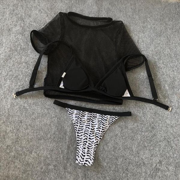 3 piece bikini women solid black mesh bandgae swimsuit short sleeve push up padded swimwear summer hollow out bathing suit, White;black
3 piece bikini women solid black mesh bandgae swimsuit short sleeve push up padded swimwear summer hollow out bathing suit, White;black