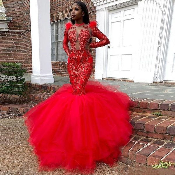 african black girls evening dresses sheer neck sequined lace appliques long sleeves prom dres with deathers tulle party vestidos de noite, Black;red
african black girls evening dresses sheer neck sequined lace appliques long sleeves prom dres with deathers tulle party vestidos de noite, Black;red