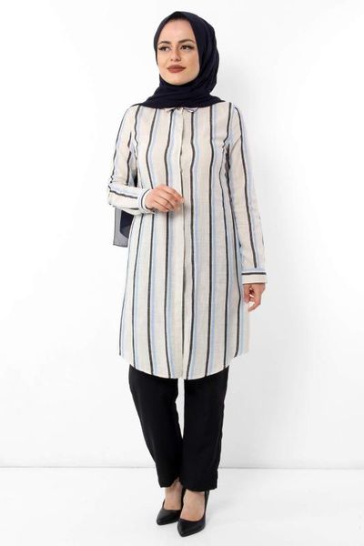 striped hijab dual suit tsd1517 blue, White;black