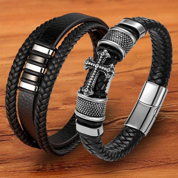 trendy designer stainless steel rope woven magnetic genuine leather black bracelet for men cross braided jewelry accessories, Golden;silver
trendy designer stainless steel rope woven magnetic genuine leather black bracelet for men cross braided jewelry accessories, Golden;silver