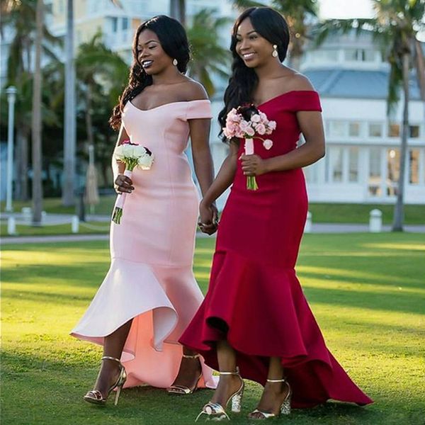 women off shoulder satin mermaid bridesmaid dresses 2020 pink red high low party dress with zipper back, White;pink
women off shoulder satin mermaid bridesmaid dresses 2020 pink red high low party dress with zipper back, White;pink