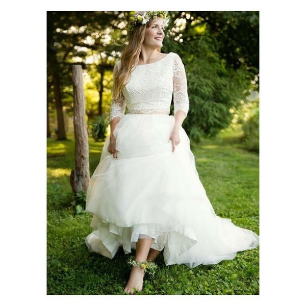 two pieces boho wedding dresses 3/4 long sleeve lace tulle skirt a line bridal gowns bohemian forest wedding custom plus size, White
two pieces boho wedding dresses 3/4 long sleeve lace tulle skirt a line bridal gowns bohemian forest wedding custom plus size, White