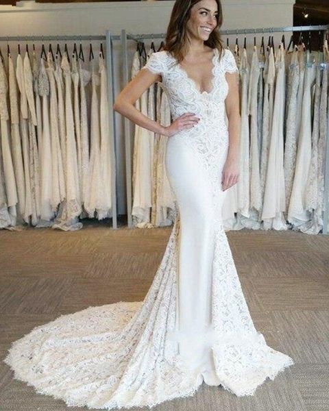 chic design lace mermaid wedding dresses deep v neck short sleeve open backless long train bridal gowns vestido de noiva, White
chic design lace mermaid wedding dresses deep v neck short sleeve open backless long train bridal gowns vestido de noiva, White