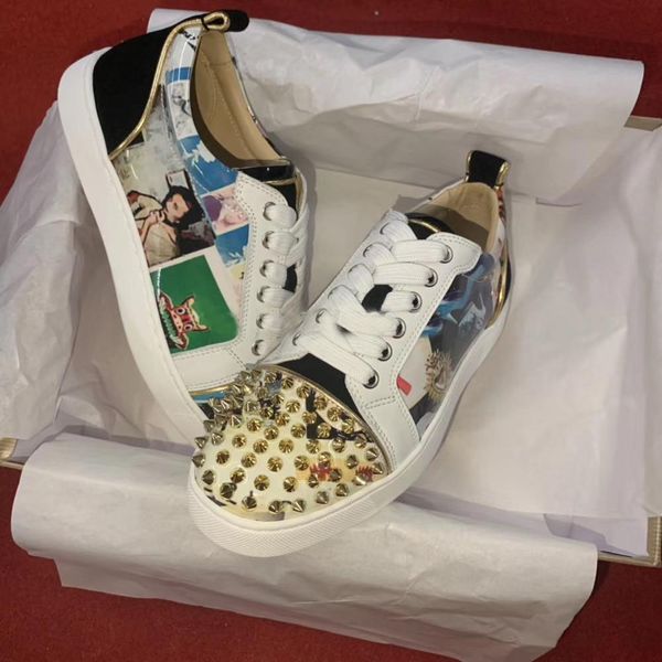 20s wholesale red bottom white portrait graffiti men casual shoes fashion mens loafers rivets toecap runway low cut lace up sneakers, Black
20s wholesale red bottom white portrait graffiti men casual shoes fashion mens loafers rivets toecap runway low cut lace up sneakers, Black