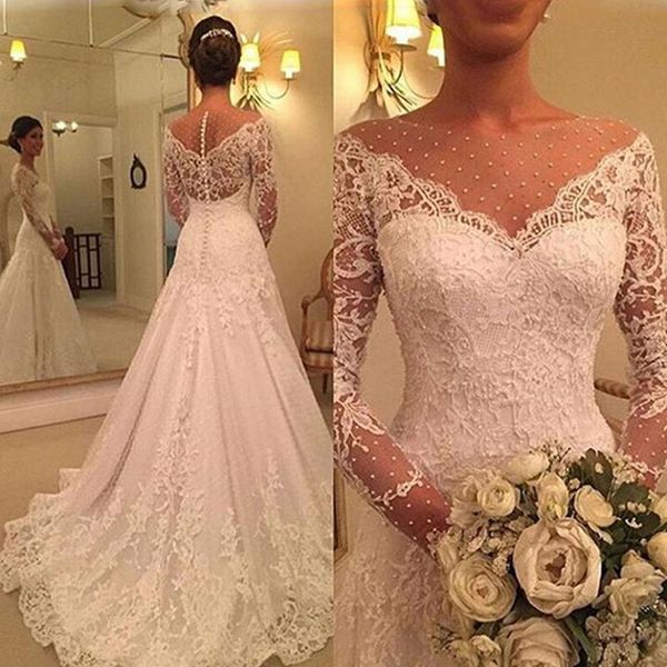 long sleeves a line wedding dress lace appliques long dresses court train bridal gown formal plus size vestido de noiva 2020, White
long sleeves a line wedding dress lace appliques long dresses court train bridal gown formal plus size vestido de noiva 2020, White