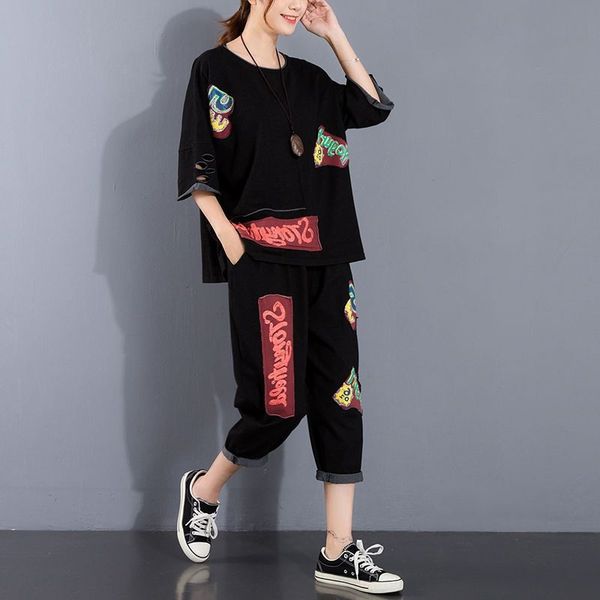 nd69y large size clothing summer new 100% cotton single piece/suit loose large women's fashion letter patch hole two-piece suit women&#, Gray
nd69y large size clothing summer new 100% cotton single piece/suit loose large women's fashion letter patch hole two-piece suit women&#, Gray