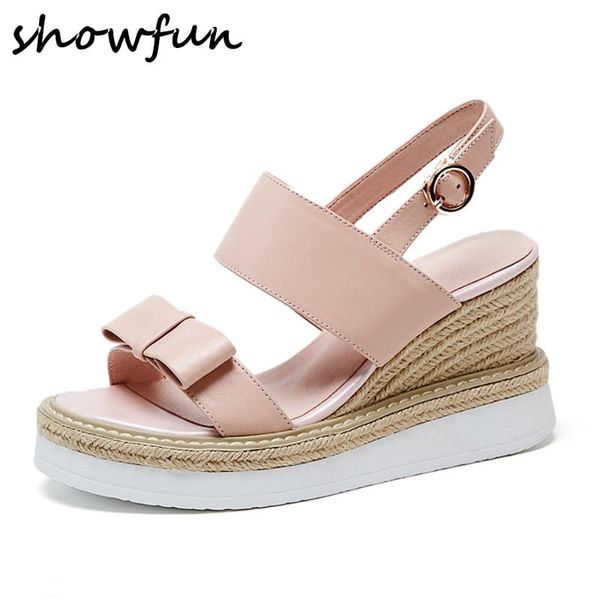 women's genuine leather wedge platform sandals high heel open toe summer beach sandalias bow tie korean style casual shoes, Black
women's genuine leather wedge platform sandals high heel open toe summer beach sandalias bow tie korean style casual shoes, Black