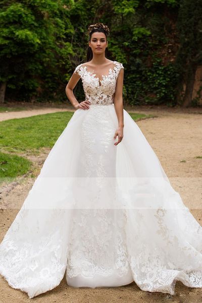 new fashionable mermaid wedding dresses with detachable train sheer neck lace wedding bridal gowns illusion button back custom, White
new fashionable mermaid wedding dresses with detachable train sheer neck lace wedding bridal gowns illusion button back custom, White