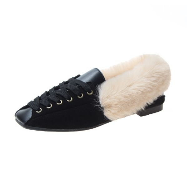 2020 autumn and winter plush shoes square head wild lace casual flat women's shoes, Black
2020 autumn and winter plush shoes square head wild lace casual flat women's shoes, Black