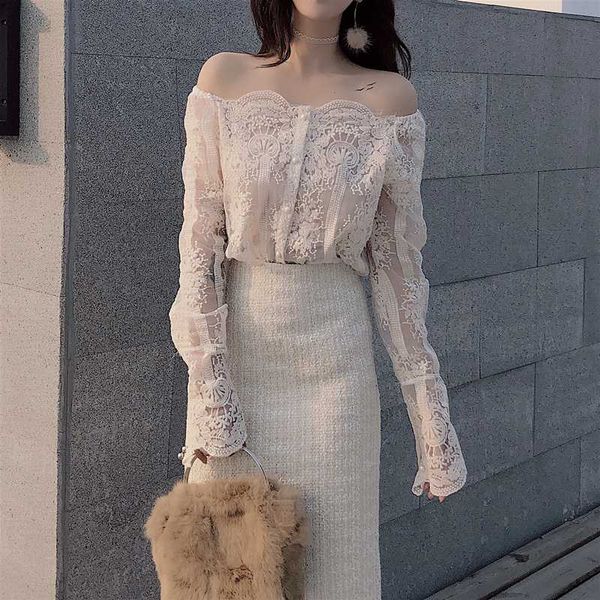 women's blouses & shirts 2021 fashion women lace slash neck off shoulder long sleeve slim blouse summer femme blusa chemise, White 
women's blouses & shirts 2021 fashion women lace slash neck off shoulder long sleeve slim blouse summer femme blusa chemise, White