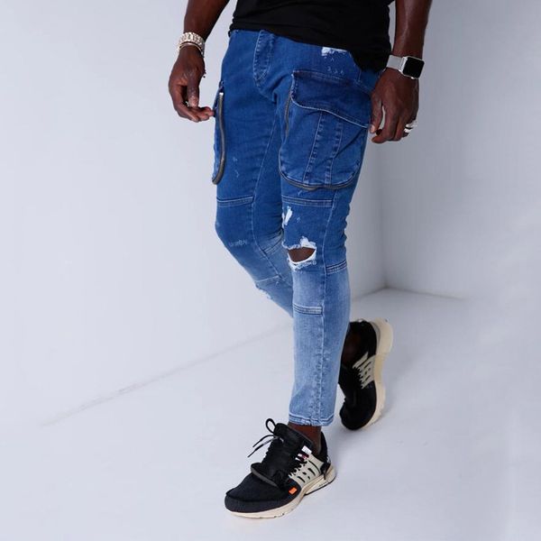 men's jeans men fashion multi-pocket solid color washed zipper cardigan pencil pants distressed holes denim trousers, Blue
men's jeans men fashion multi-pocket solid color washed zipper cardigan pencil pants distressed holes denim trousers, Blue