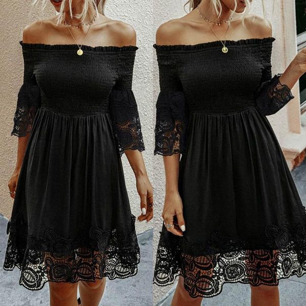 summer solid color lace mini dress with one shoulders fashion casual womens ruffles floral lace off shoulder flare sleeve dress, White;black
summer solid color lace mini dress with one shoulders fashion casual womens ruffles floral lace off shoulder flare sleeve dress, White;black
