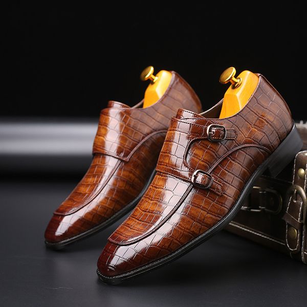 

Business Dress Mens Office Shoes Crocodile Grain Leather Shoes Mens Buckle Casual Wedding Party Shoes Men Flats Plus Size, Light brown