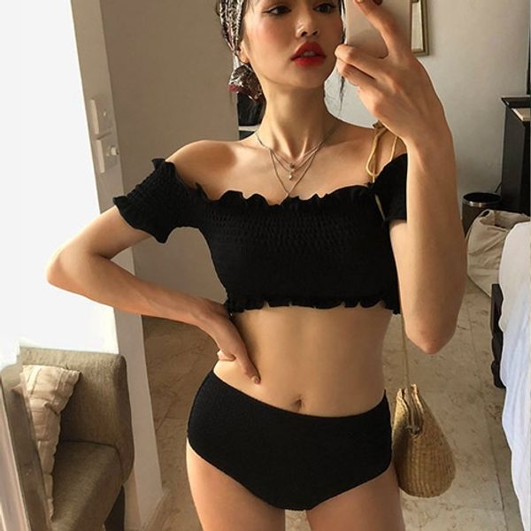 size chest gathered swimsuit bikini short-sleeved one-line collar wooden ear pleated slimming two-piece swimsuit bikini, Black
size chest gathered swimsuit bikini short-sleeved one-line collar wooden ear pleated slimming two-piece swimsuit bikini, Black