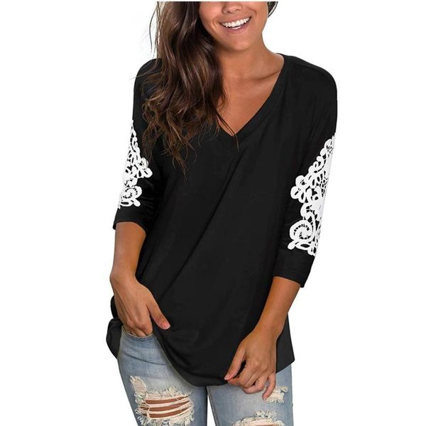 40# womens and blouses plus size lace three quarter sleeve v-neck shirt loose shirts casual tee streetwear ladies, White
40# womens and blouses plus size lace three quarter sleeve v-neck shirt loose shirts casual tee streetwear ladies, White