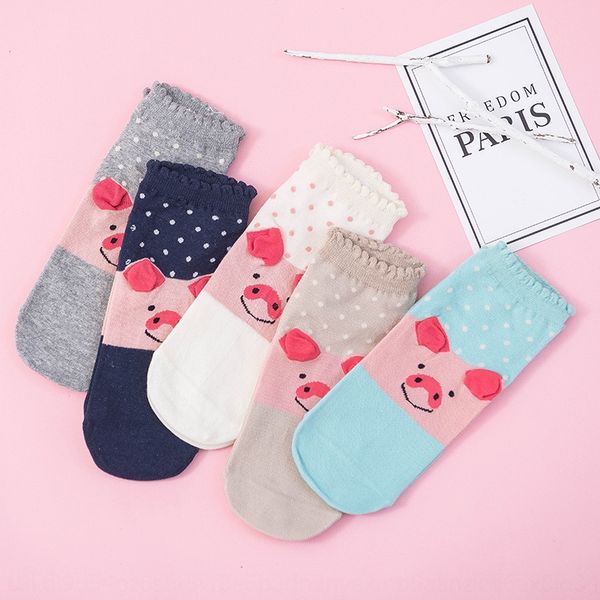 2019 yisijin new cotton women's cotton cartoon flat socks korean pig socks, Pink;yellow