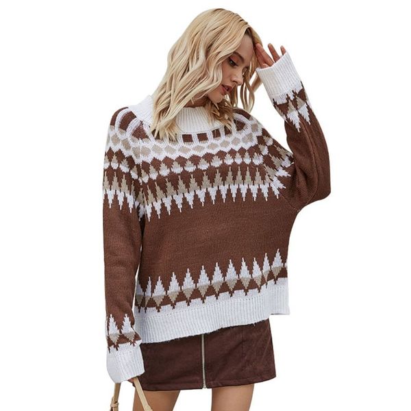 women long sleeve geometric striped sweater stand collar knit loose jumper f3md, White;black
women long sleeve geometric striped sweater stand collar knit loose jumper f3md, White;black