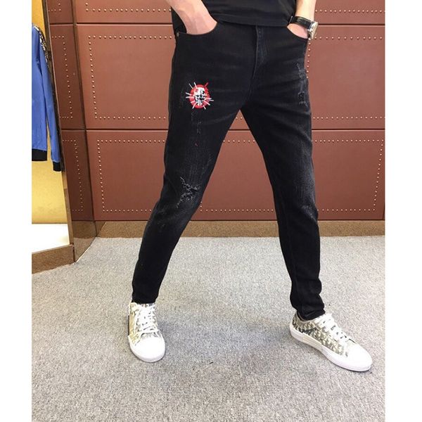 bags pp men's european fashion embroidery skull casual fit elastic straight leg jeans fashion men's pants original high quality, Blue 
bags pp men's european fashion embroidery skull casual fit elastic straight leg jeans fashion men's pants original high quality, Blue