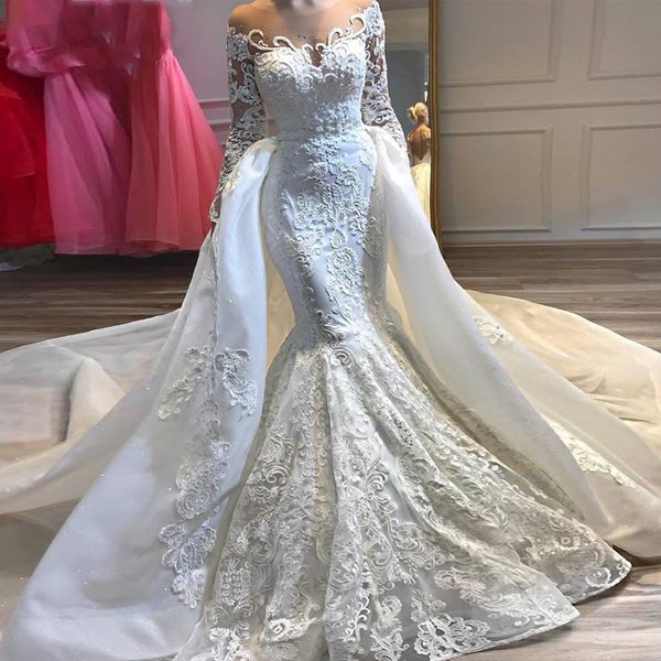 luxury appliques mermaid wedding dresses scoop long sleeves beaded detachable train button back bridal dress vestido de noiva, White
luxury appliques mermaid wedding dresses scoop long sleeves beaded detachable train button back bridal dress vestido de noiva, White
