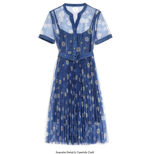 xz700063 summer 2020 women's clothing new french daisy printed mesh mid-length pleated dress, Black;gray
xz700063 summer 2020 women's clothing new french daisy printed mesh mid-length pleated dress, Black;gray