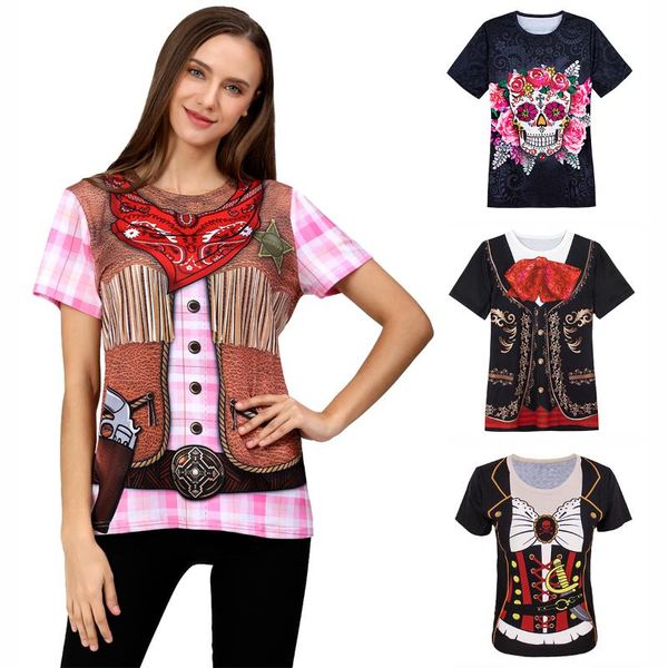 women's t-shirt women cowgirl flower skull clown pirate mariachi costume 3d t-shirts cosplay mardi gras halloween carnival party t, White 
women's t-shirt women cowgirl flower skull clown pirate mariachi costume 3d t-shirts cosplay mardi gras halloween carnival party t, White