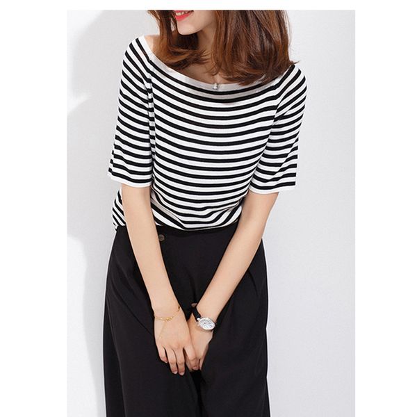 2020 stripe woman clothes pullover women summer short sleeve black white, White;black
2020 stripe woman clothes pullover women summer short sleeve black white, White;black