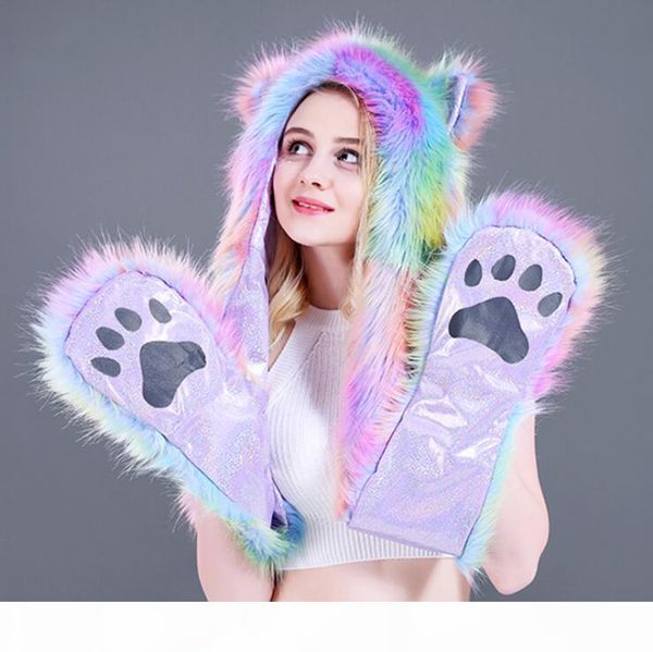 faux fur hood animal hat ear flaps hand pockets 3 in1 animal hood hat warm animal cap with scarf gloves, Blue;gray