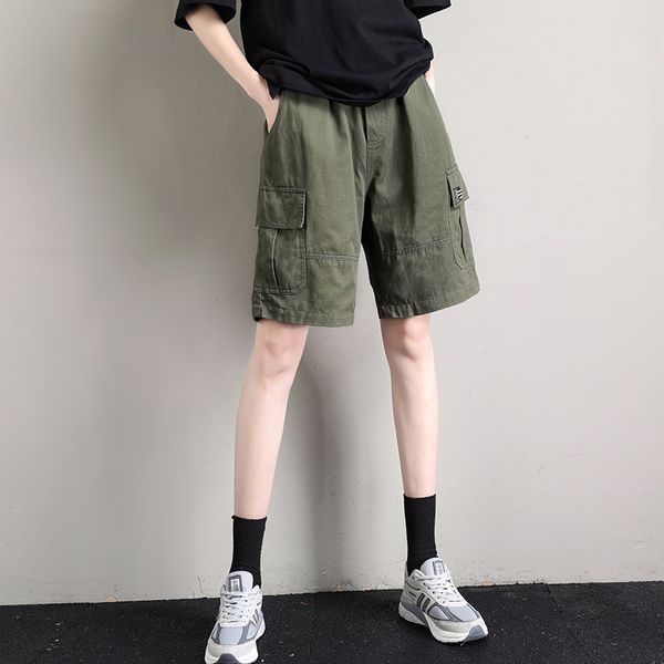 women summer pocket elastic high waist solid color cargo shorts office lady khaki casual oversized loose straight shorts outwear, White;black 
women summer pocket elastic high waist solid color cargo shorts office lady khaki casual oversized loose straight shorts outwear, White;black