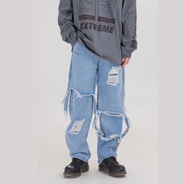 men's jeans 20ss harajuku streetwear hole ripped pants loose straight frayed denim trousers hip hop baggy track men and women, Blue
men's jeans 20ss harajuku streetwear hole ripped pants loose straight frayed denim trousers hip hop baggy track men and women, Blue