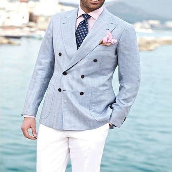 light blue double breasted men suit 2020 white pants groom tuxedos linen wedding linen mens prom dinner party suits jacket+pants, White;black
light blue double breasted men suit 2020 white pants groom tuxedos linen wedding linen mens prom dinner party suits jacket+pants, White;black