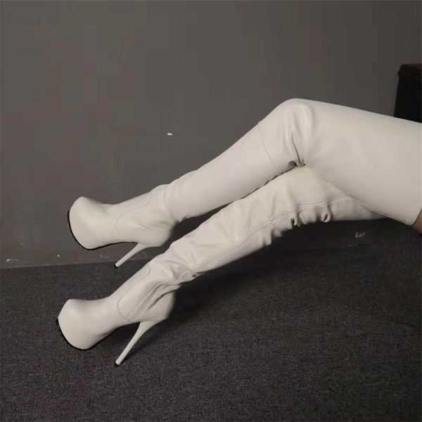 white genuine leather nightclub slimming super thin high heel side zipper waterproof platform fashion over the knee boots, Black
white genuine leather nightclub slimming super thin high heel side zipper waterproof platform fashion over the knee boots, Black