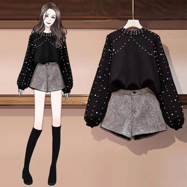 2020 new autumn winter two piece set tracksuit women elegant beading knitted sweater+shorts ladies outfits, White
2020 new autumn winter two piece set tracksuit women elegant beading knitted sweater+shorts ladies outfits, White