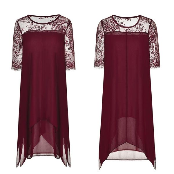 casual dresses lace chiffon dress women patchwork irregular hem three quarter o-neck loose feminino streetwear work wear vestidos, Black;gray 
casual dresses lace chiffon dress women patchwork irregular hem three quarter o-neck loose feminino streetwear work wear vestidos, Black;gray