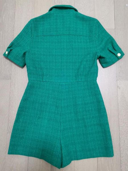 women tweed jumpsuit short sleeve turn-down collat zipper green buttons playsuit 20201 early autumn, Black;white
