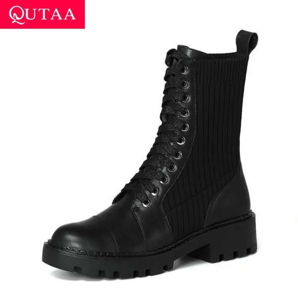 qutaa 2021 cow leather knitting women shoes autumn winter square med heel ankle boots round toe lace up ladies pumps size 34-39, Black 
qutaa 2021 cow leather knitting women shoes autumn winter square med heel ankle boots round toe lace up ladies pumps size 34-39, Black