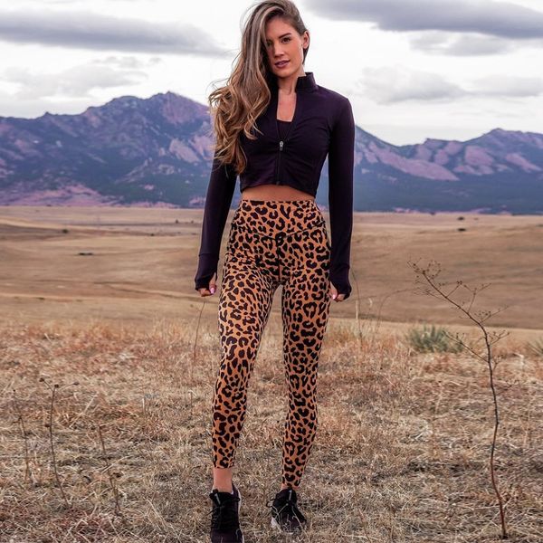 leggings stitching leopard print tight tight pants yoga sports hip slim pants women's suit, Black