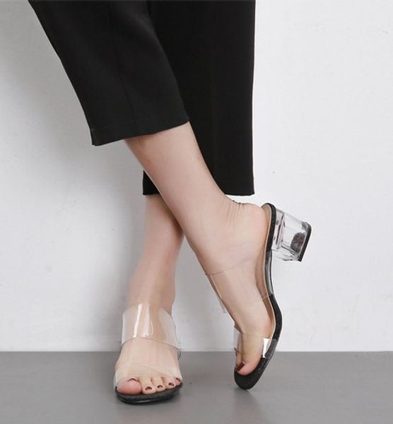 european and american transparent film open-toe sandals shoes with buckle transparent crystal middle heel and chunky heel, Black
european and american transparent film open-toe sandals shoes with buckle transparent crystal middle heel and chunky heel, Black