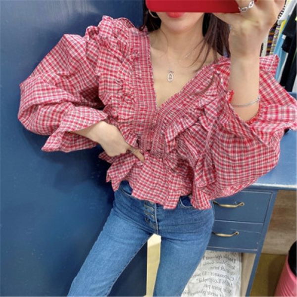 new korean style ruffled plaid summer shirt for ladies flare sleeve women's loose chic female blouses 2020, White
new korean style ruffled plaid summer shirt for ladies flare sleeve women's loose chic female blouses 2020, White
