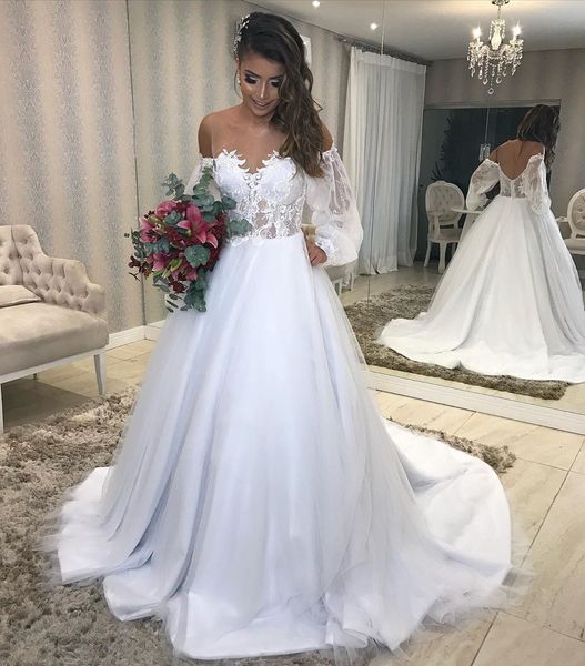stylish a line lace backless wedding dresses sheer bateau neck long sleeves bridal gowns sweep train tulle robe de mariée, White
stylish a line lace backless wedding dresses sheer bateau neck long sleeves bridal gowns sweep train tulle robe de mariée, White