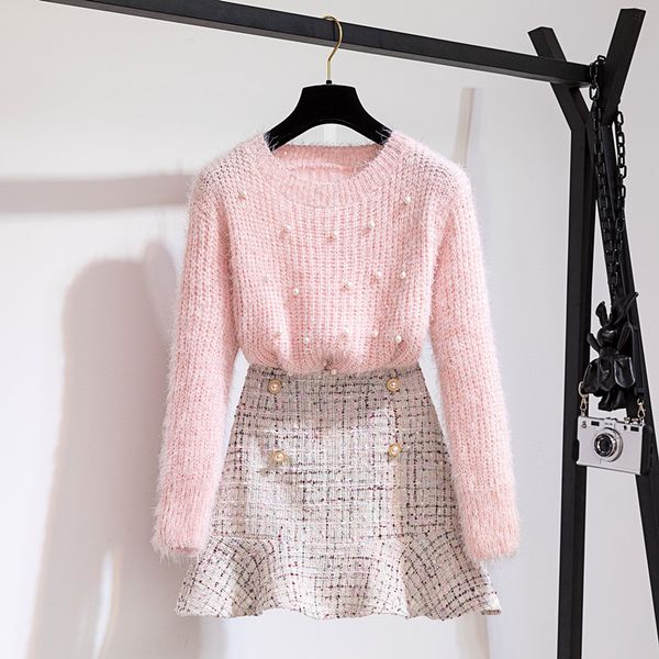 two piece dress set women autumn spring beaded pullover sweater and plaid tweed mermaid skirt soft mohair knitted a098, White
two piece dress set women autumn spring beaded pullover sweater and plaid tweed mermaid skirt soft mohair knitted a098, White