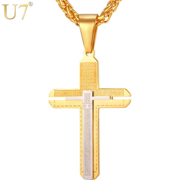 u7 spanish bible verse two tone necklace male/female stainless gold color cross pendant christmas gift christian jewelry p670, Silver
u7 spanish bible verse two tone necklace male/female stainless gold color cross pendant christmas gift christian jewelry p670, Silver