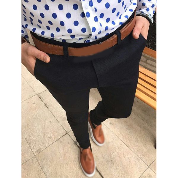 2020 men plaid trousers pants mid rise zipper pocket casual slim fit stylish, Black