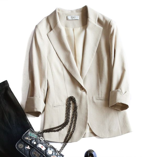 2020 autumn 7-point sleeve linen women blazers jackets new spring small suit casual slim cotton khaiki/blue/black suit coat k794, White;black
