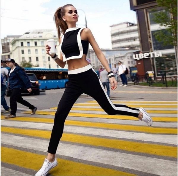 2020 summer 2 pieces white stripe women clothing patchwork tracksuit crop tanks and leggings sporting skinny clothing, Black 
2020 summer 2 pieces white stripe women clothing patchwork tracksuit crop tanks and leggings sporting skinny clothing, Black