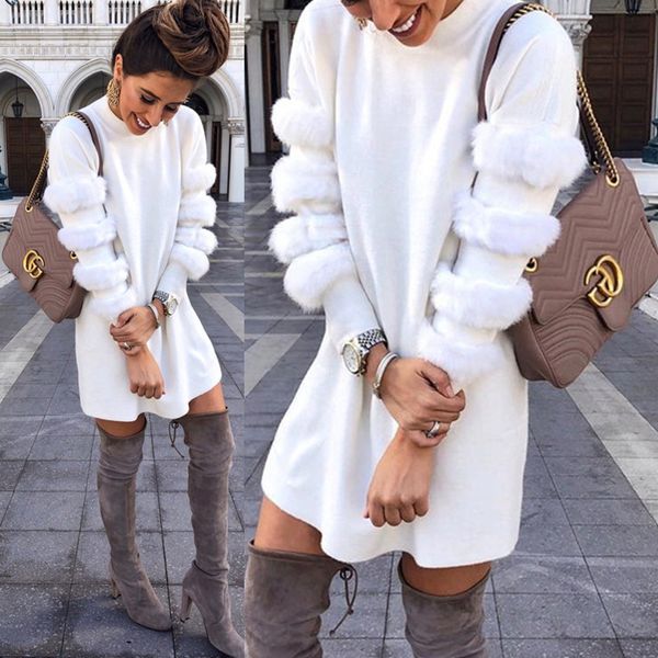 elegant plush circle splicing sleeves white mini dress women 2020 autumn winter lady turtleneck long sleeve solid straight dress, Black;gray
elegant plush circle splicing sleeves white mini dress women 2020 autumn winter lady turtleneck long sleeve solid straight dress, Black;gray